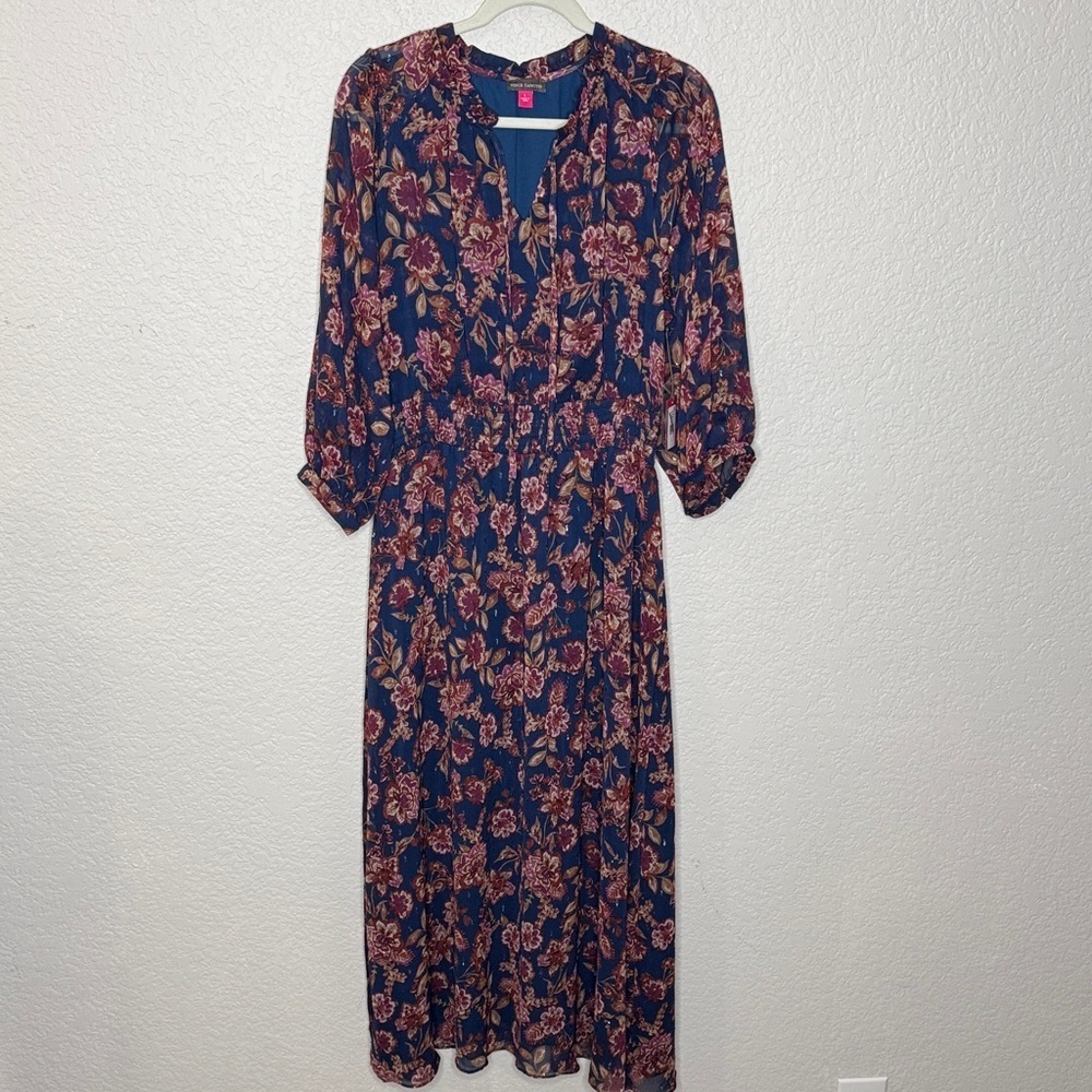 Vince Camuto Womens 3/4 Puff Sleeve Tie Neck Maxi Dress Floral Size L - Picture 2 of 10